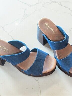 Avellini Blue Suede Block Heel Mules